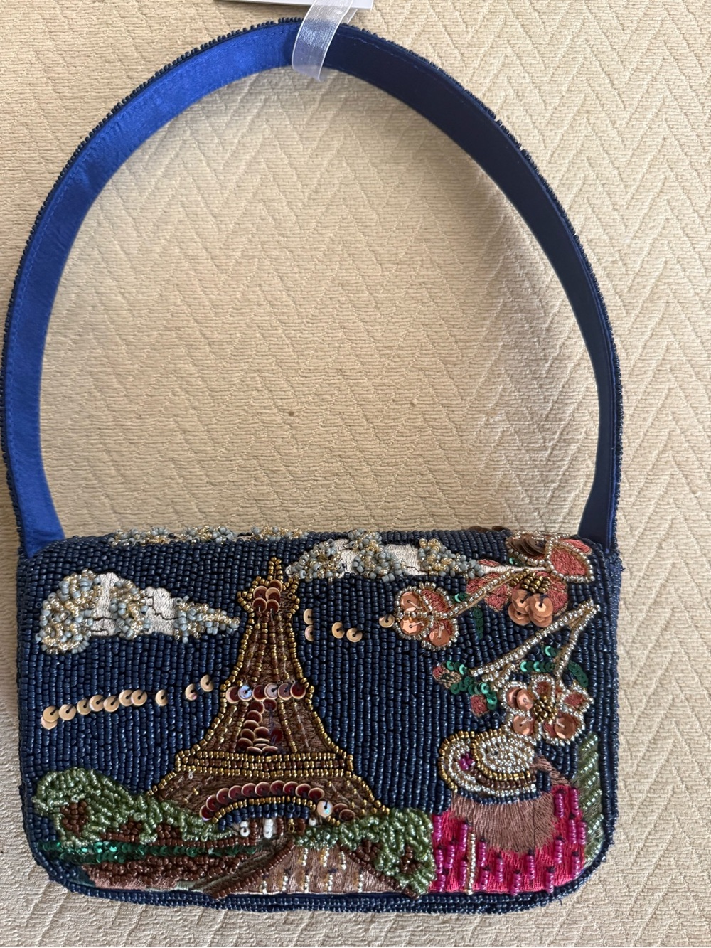 Embellished Navy Beaded Shoulder Bag